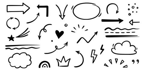 Line arrow, underline, round frame hand drawn vector element set. Hand drawn doodle scribble text highlight, underline, arrow pen stroke style. Doodle grunge rough element. Vector illustration.