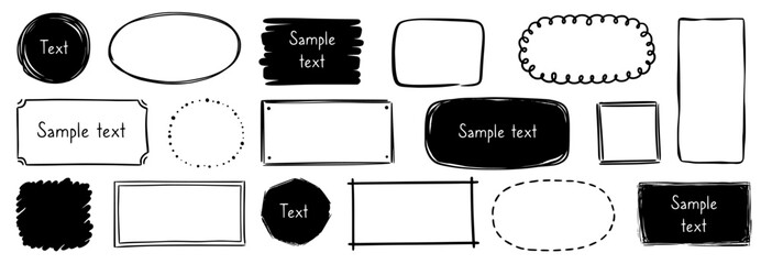 Hand drawn doodle frame set. Box, square, rectangle, circle shape brush pen line stroke scribble element. Hand drawn simple oval, square frame for text border. Vector illustration