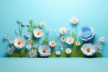 Flowers Background in Papercraft Style, Cute Blooming Flowers and Leaves.