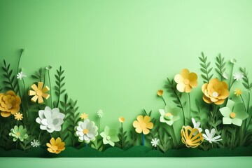 Flowers Background in Papercraft Style, Cute Blooming Flowers and Leaves.