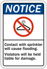 Flood danger sign and labels contact with sprinkler will cause flooding
