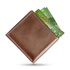 3D rendering of Samoan Tala notes in a brown leather men’s wallet. Samoan Tala in wallet