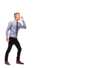 Profile, announcement and shouting with a business man isolated on a transparent background for an alert. Information, screaming or yelling with a young male employee on PNG for communication or news