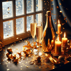 Champagne bottle and champagne in glass, gilded elegance of  gold party
