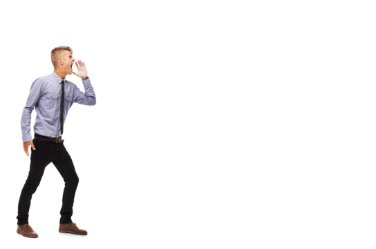 Profile, announcement and shouting with a business man isolated on a transparent background for an alert. Information, screaming or yelling with a young male employee on PNG for communication or news