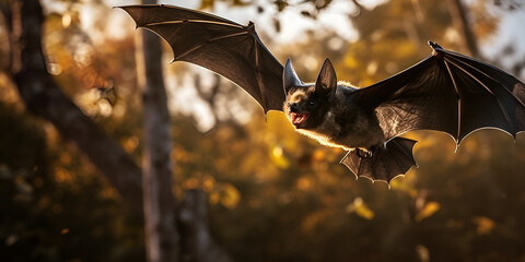 Halloween bat flies on a dark background, Majestic Flying Bat in Natural Beauty Generative Ai - obrazy, fototapety, plakaty