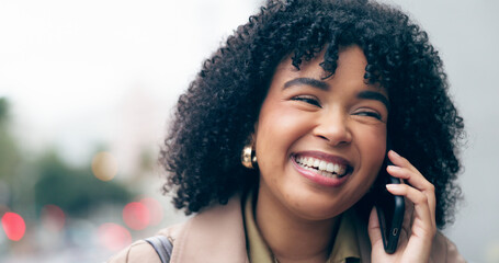 City, laughing or happy businesswoman on a phone call talking, networking or speaking of funny joke. Smile, mobile communication or biracial entrepreneur in conversation for a negotiation or deal - obrazy, fototapety, plakaty