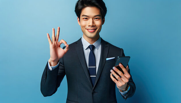 Content Asian Businessman in Dark Suit Holding Smartphone and Making 'OK' Gesture Against Bright Blue Background with Generous Copy Space