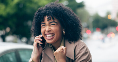 Phone call, excited or woman in celebration in city for good news, achievement or winning a competition. Wow, winner or happy worker cheering for success, bonus or reward in urban street or CBD - obrazy, fototapety, plakaty