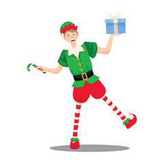 Christmas elf with gift and candy cane on white background