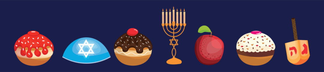 Set of Hanukkah symbols on dark blue background