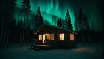 Northern lights over a cabin in a snowy forest - obrazy, fototapety, plakaty
