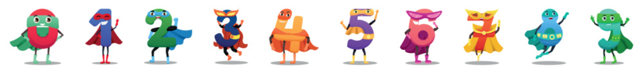 Set of figures in superhero costumes on white background