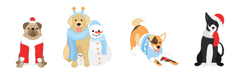 Set of funny dogs on white background. Christmas celebration