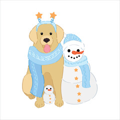 Cute dog with scarf and snowmen on white background. Christmas celebration