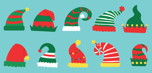 Set of Christmas elf's hats on blue background - obrazy, fototapety, plakaty
