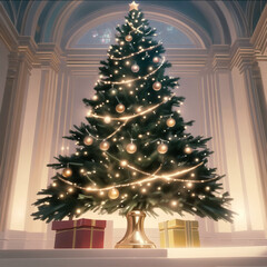 Giant and cinematic Christmas trees inside the hall with gifts, Generative AI 
