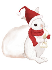 プレゼントの袋を背負ってる兎のサンタクロース　赤いマフラーとナイトキャップでサンタクロースになりきってる兎のイラスト