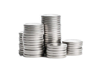 Stacked silver coins isolated on a transparent background created with Generative AI technology