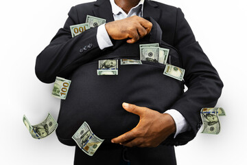 Black Businessman holding black bag full of US dollar notes isolated on transparent background, money falling from bag