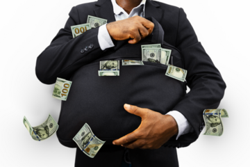 Black Businessman holding black bag full of US dollar notes isolated on transparent background, money falling from bag