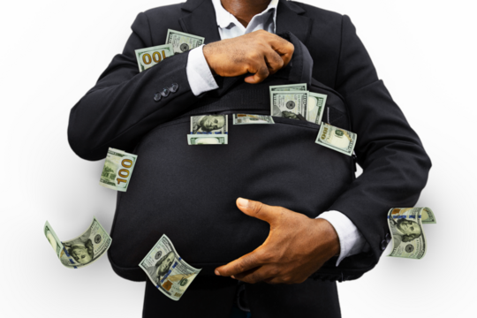 Black Businessman holding black bag full of US dollar notes isolated on transparent background, money falling from bag