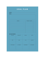 Goal Plan Planner. (Cyan). Minimalist planner template set. Vector illustration.
