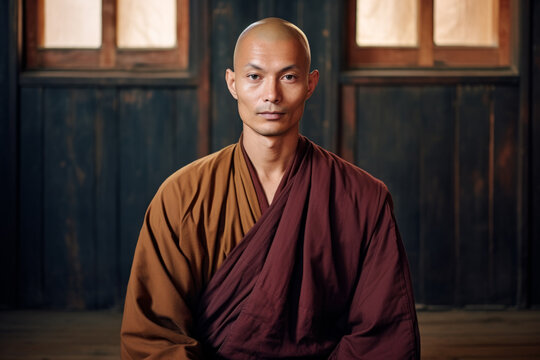A handsome Tibetan monk with shaved head, sitting in meditation in a monastery