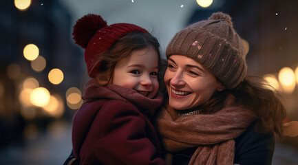 happy mother and her kid at a Christmas market