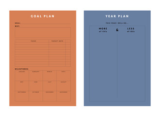 Goal Plan and Year Plan Planner. (Fashion) Minimalist planner template set. Vector illustration.	