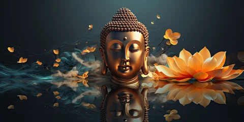 Foto op Canvas the glowing 3d buddha and flower with gold style on abstract background © Kien