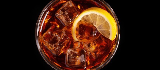 Cola with lemon and ice seen from above
