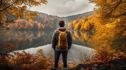 A lonely man on a bridge against the background of an autumn forest. The concept of depression, loneliness or autumn tourism