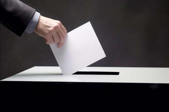 businessman casting a vote paper election ballot in a voting box. Caucasian man putting a balloting in a white box. Freedom and democracy concept idea