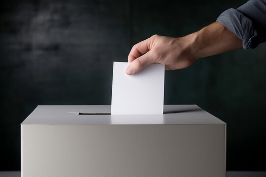 average citizen hand casting a vote paper election ballot in a voting box. Caucasian man putting a balloting in a white box. Freedom and democracy concept idea