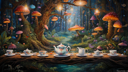 tea party in an enchanted forest. An image of a long, winding table set with teacups