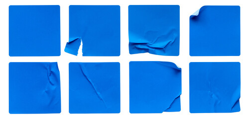 A set of blue square paper sticker label isolated on white background.