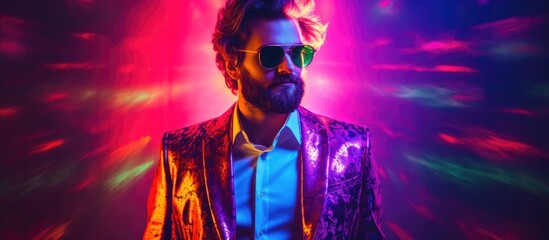 A stylish youthful and attractive male model posing in a trendy studio illuminated by neon lights The fashionable gentleman wears a chic suit and the vibrant colors and bright light effects  - obrazy, fototapety, plakaty