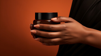 Cosmetic face cream tonal foundation a sleek black cosmetic jar mockup natural wood a warm brown background