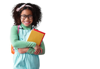 Kid, smile and portrait of student with books for education, study or learning isolated on a transparent png background. Face, glasses or school girl, nerd or geek with notebook for reading knowledge - obrazy, fototapety, plakaty