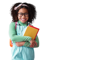 Kid, smile and portrait of student with books for education, study or learning isolated on a transparent png background. Face, glasses or school girl, nerd or geek with notebook for reading knowledge