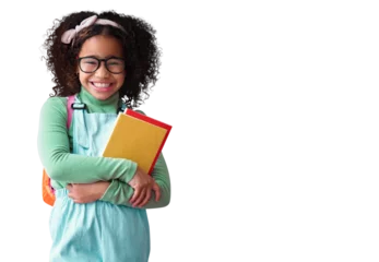 Fotobehang Kid, smile and portrait of student with books for education, study or learning isolated on a transparent png background. Face, glasses or school girl, nerd or geek with notebook for reading knowledge © Sumeet/peopleimages.com