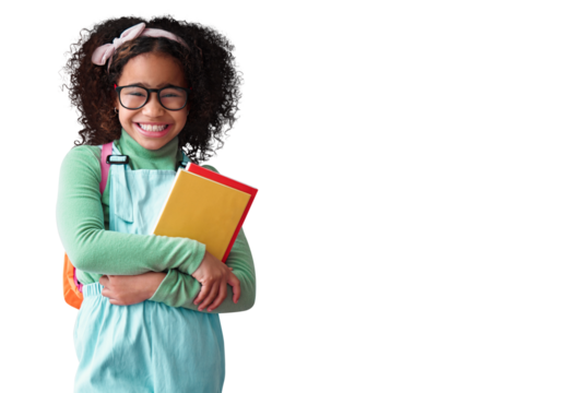 Kid, smile and portrait of student with books for education, study or learning isolated on a transparent png background. Face, glasses or school girl, nerd or geek with notebook for reading knowledge - Powered by Adobe