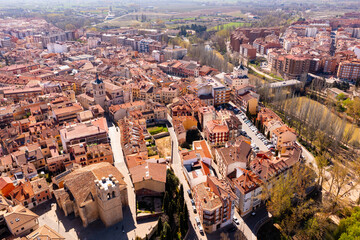 Bird's eye view of Spanish city Aranda de Duero with view of Duero River. - obrazy, fototapety, plakaty