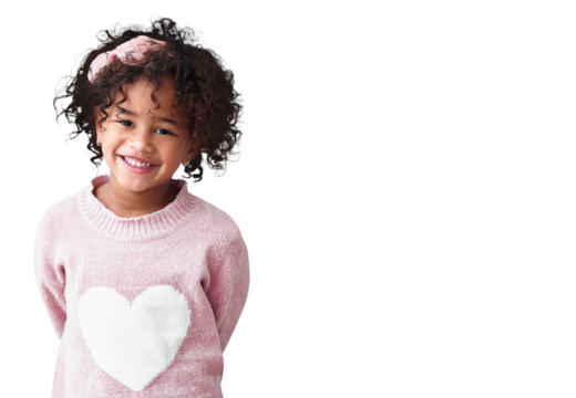 Young girl, child and smile in portrait, cute and curly hair with winter fashion isolated on png transparent background. Happy, Mexican female kid and hairstyle with warm pink clothes and youth - Powered by Adobe