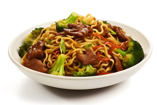 Chow mein with meat and broccoli, traditional asian, thai or chinese wok, stir fry meal served on plate. Isolated image on white background
