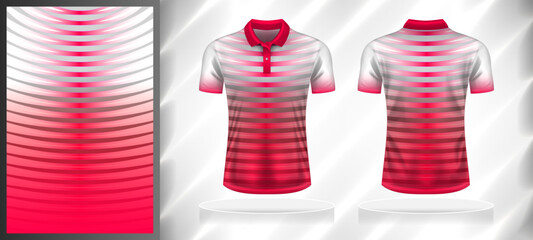 Vector sport pattern design template for Polo T-shirt front and back with short sleeve view mockup. Shades of red-pink-grey-white color gradient abstract curve line texture background illustration.