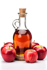 Homemade apple cider juice vinegar in a bottle with fresh red apples. Rustic harvest indoor image with alcohol beverage, isolated on white background