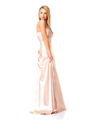 Fototapeta premium Fashion, thinking and wedding with a woman model in an elegant outfit isolated on transparent background. Beauty, style and glamour with young bridesmaid in a classy dress for a party or event on PNG