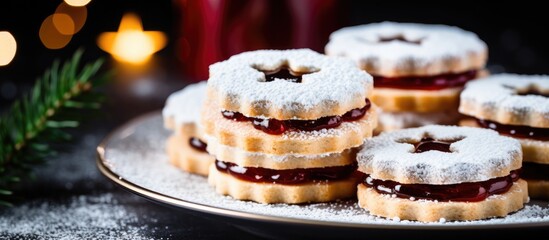 Christmas Linzer cookies with strawberry jam on wooden background